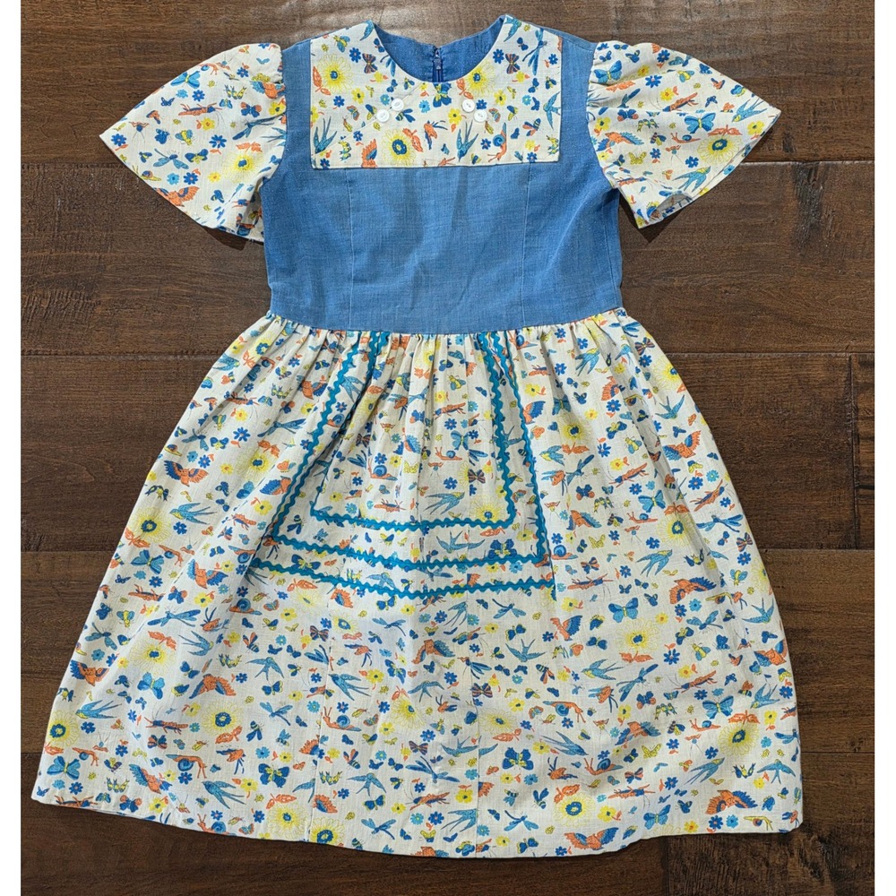 VTG 70s Prairie Cottagecore Girls Chambray Bird Snail Butterfly Ric Rac Dress